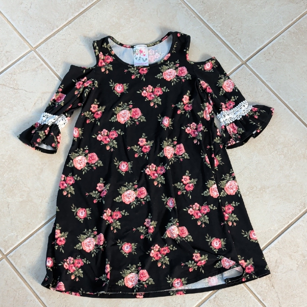 Black Floral Cold-Shoulder Dress with Pink Roses Girls Size 10